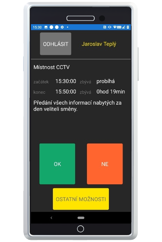 Mobilní aplikace slouží k identifikaci pracovníka (docházka) a místa úkolu pomocí QR kódu. 